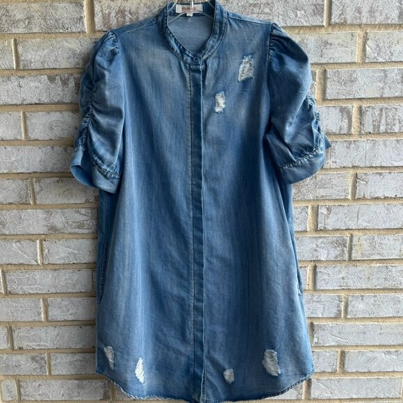MAZIK Short Sleeve Button Up Distressed Denim Shirt Dress Women's Size S - Picture 1 of 9